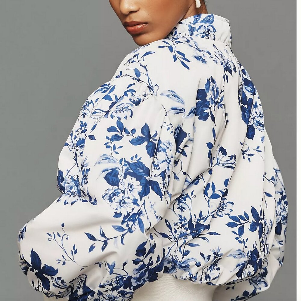 NWT Anthropologie Cropped Floral Print Bomber Jacket Color: BLUE MOTIF BLUE MOTI - Picture 3 of 10